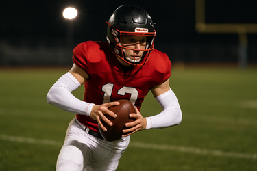 High school football player wearing white compression arm sleeves.