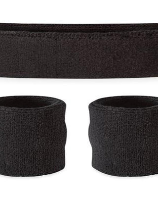 Black set of pair of sweat wristbands and headband